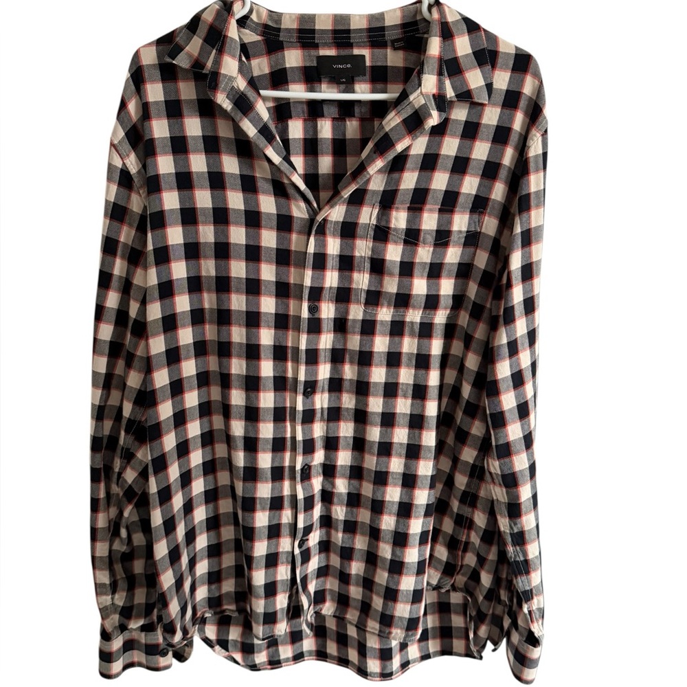 VINCE Men’s Cotton Rayon Black and Red Checkered Button Down Shirt, Size Large